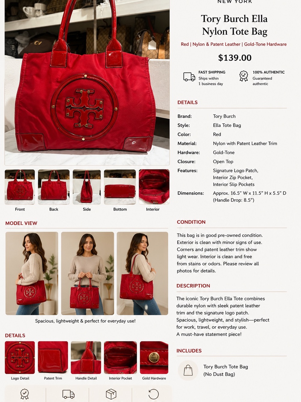 Tory Burch Red Nylon Tote with Patent Trim